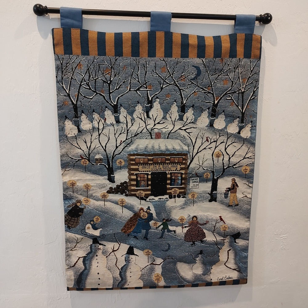 Wall Hanging Tapestry Winter Village Scene Textile Art Nostalgic Vintage Folk